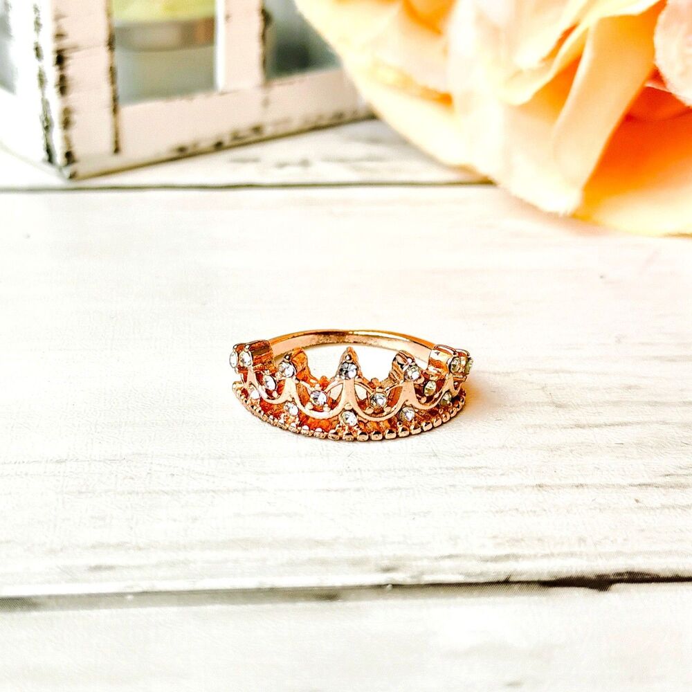 New Rose Gold Tone Crown Ring w/Rhinestones Size 7 Princess Queen Funky Eclectic